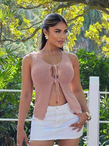 SHEIN SXY Áo dệt kim không tay khoét lỗ, buộc dây phía trước dành cho nữ, thích hợp cho kỳ nghỉ, mùa hè, áo tank top nữ, áo vest nữ, áo len vest, áo mùa hè. - Hồng - Xem 2