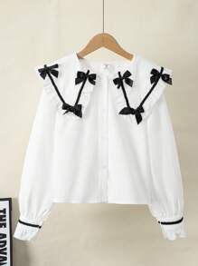 SHEIN Leap Crew Tween 女童宽松休闲花卉刺绣大领长袖衬衫