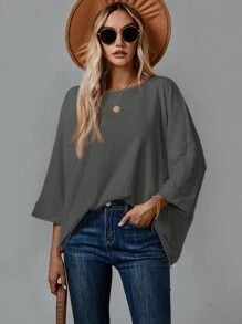 SHEIN CURVE+ 大码长袖宽松舒适家庭风格女式 T 恤 - 深灰色 - 查看 6