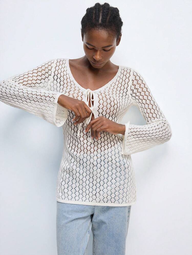 SHEIN Maija Women's 2025 Spring Summer New Rhombus Pattern Knitted U-Neck Butterfly Sleeve Tie Front Knitted Sweater Top, Suitable For Beach Holiday, Casual Breakfast/Lunch, Airport, Romantic Countryside Music Festival, Independence Day, Cute Summer Tops