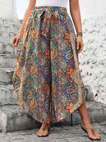 SHEIN LUNE 大码女式印花弹力腰带系带不对称下摆长裤度假装扮女装大码女装节日波西米亚风服装复古印花不对称下摆长裤节日波西米亚风大码夏季女装裤装女装大码夏季女装度假装扮女装节日夏季女装度假装扮女装 - 彩色 - 查看 1