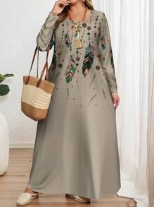 EMERY ROSE 休闲简约全印花大码长袖圆领连衣裙，适合秋冬季 - 杏色 - 查看 2