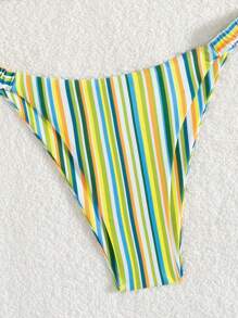 SHEIN Swim 2pcs/Set Women Sexy Striped Random Printed Bikini Top And Thong Bottoms, Beach Outfit For Summer Beach Vacation