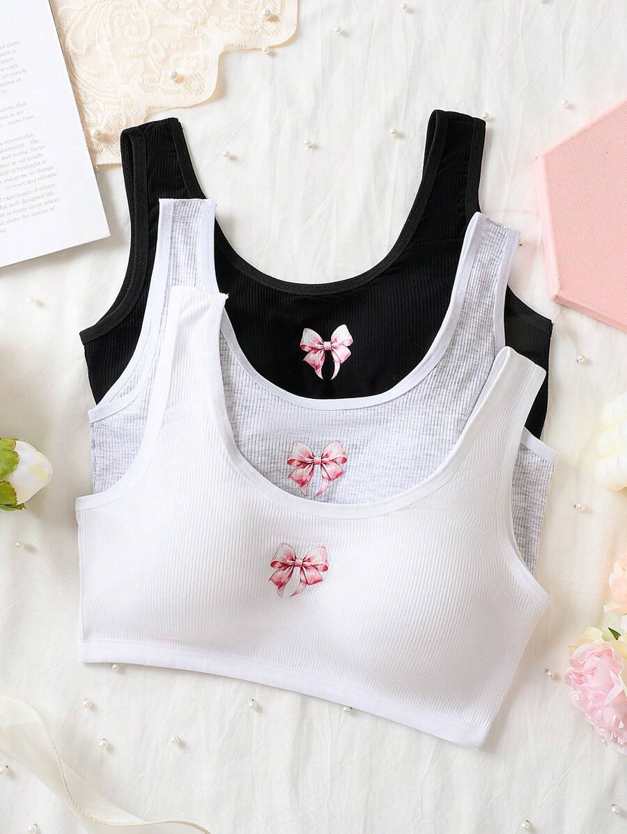 Genkimix Kids 3pcs Girls' Non-Removable Fixed Cup Screw Comfortable Wide Strap Butterfly Print Bra Underwear Set - Multicolor - View 1