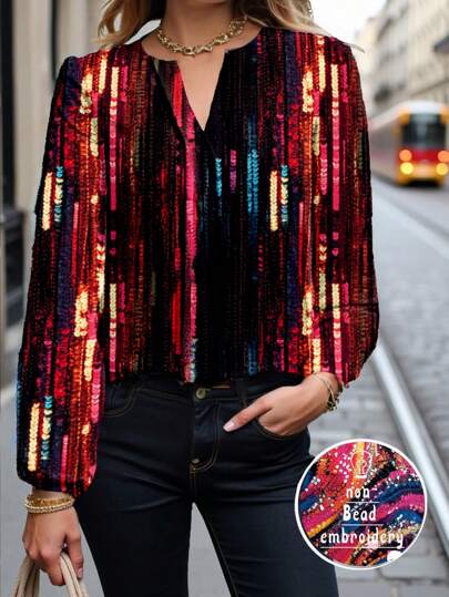 Glamance Warp Atelie Women Multicolor Blouses Long Sleeve Notched Casual Colorblock,All Over Print,Plain Summer Outfits For Women Summer Tops Going Out