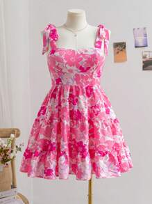 Soleia Plus Size Women Boho Floral Print Romantic Bowknot Cami Dress With Cinched Waist And A-Line Silhouette, Spring, For Summer,Beach Dress Sundress,Holiday Outfits