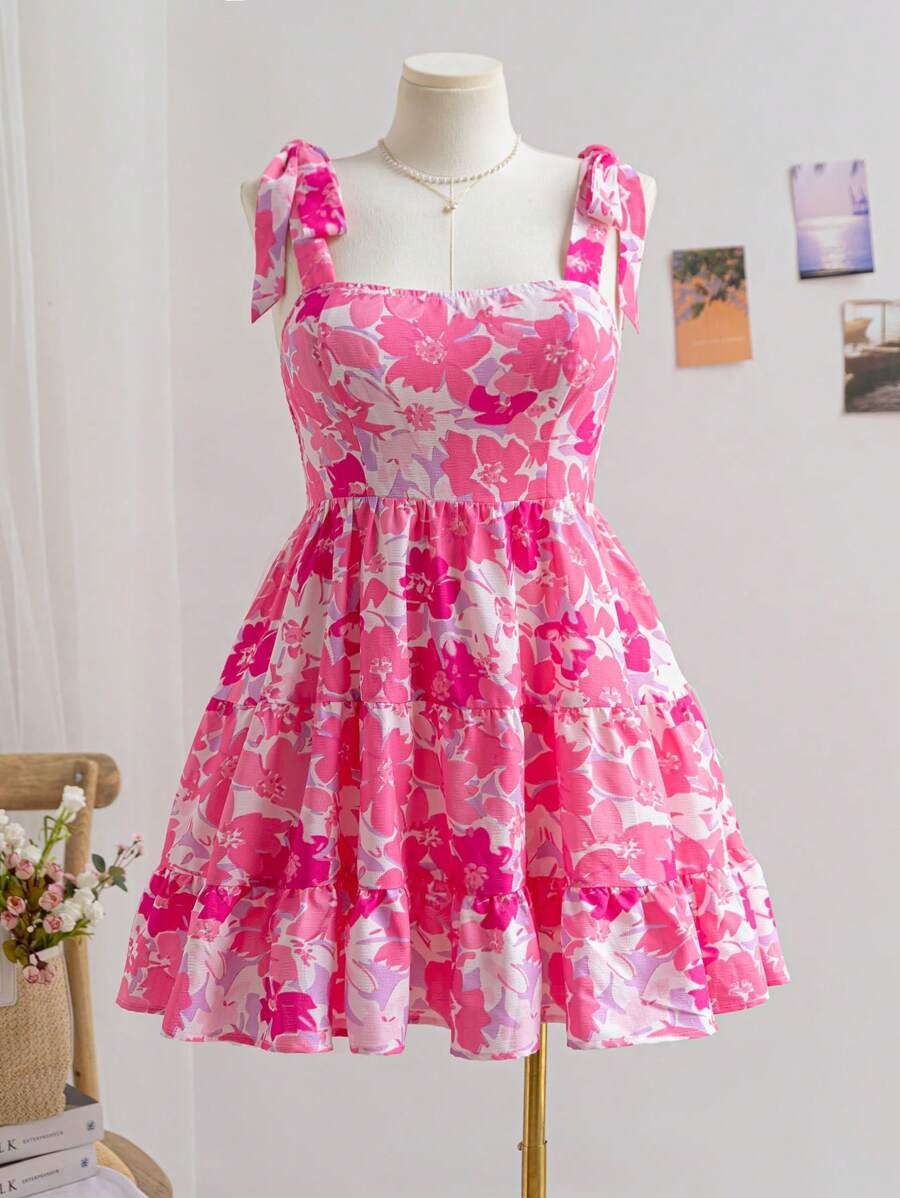 Soleia Plus Size Women Boho Floral Print Romantic Bowknot Cami Dress With Cinched Waist And A-Line Silhouette, Spring, For Summer,Beach Dress Sundress,Holiday Outfits