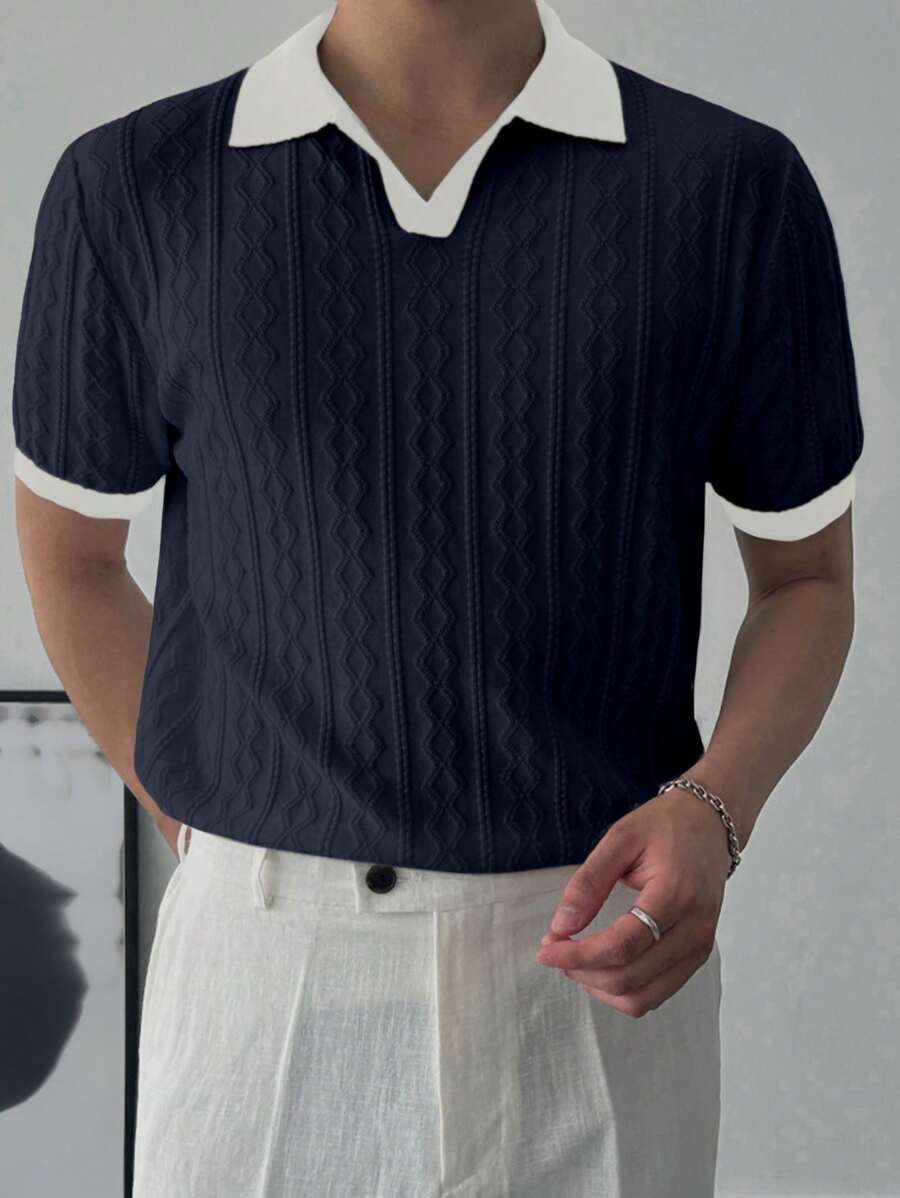 DAZY Men's Contrast Color Patchwork Knitted Sweater Top, Summer - Navy Blue - View 1