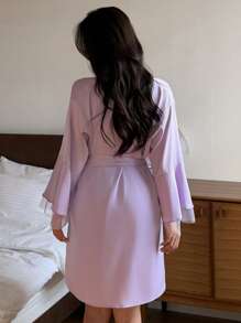 DAZY Satin Lace Patchwork Sexy Bodycon Slip Dress & Robe Sleepwear Set Pajama - Purple - View 2