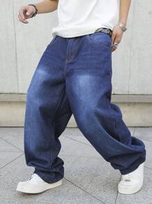 Manfinity EMRG Men's Casual Washed Loose Straight Leg Baggy Jeans - Blue - View 7