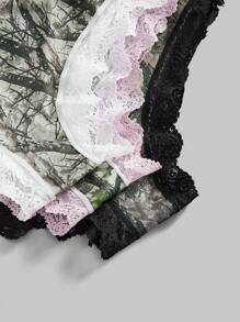 ROMWE Grunge Punk Set de 3 bragas de bikini con estampado de rama y corteza de árbol, estilo punk Y2K con adorno de encaje