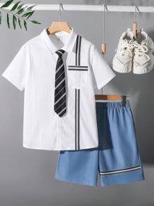 SHEIN Tween Boy School Tie Short Sleeve T-Shirt And Shorts Set