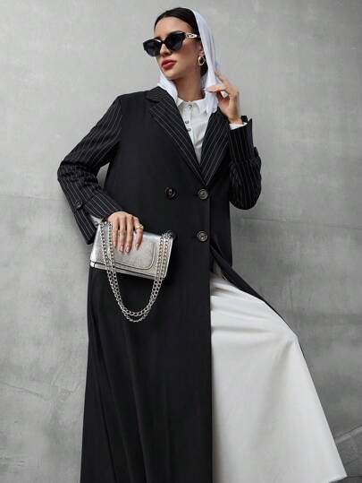 Al Najma 女式拼布条纹翻领长袖双排扣长袍，端庄长袍