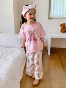 Dazy Kids 小女孩小熊印花短袖长裤家居服套装，女孩夏季复活节服装 - 粉色 - 查看 8