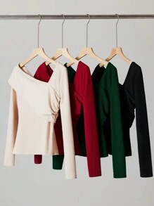 BizChic 春夏新款绿色女式上衣，纯色不对称领弹力T恤，商务休闲时尚都市通勤日常百搭浪漫90年代复古风圣诞节新年情人节派对海滩毕业典礼时尚嘉年华假日休闲简约浪漫风，适合婚礼宾客、主人、约会、派对、音乐会、早午餐、机场等多种场合。 - 墨綠色 - 查看 4