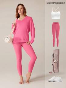 GLOWMODE Modal Silky Smooth Oversized V-Neck Hip Length Long Sleeve Sweatshirt With Thumbholes Valentine's Day Casual - Blush Crush - View 5