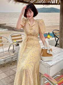 DAZY Women's Ditsy Floral Ruffled Puff Sleeve Button Casual Dress Sundress - Yellow - View 7