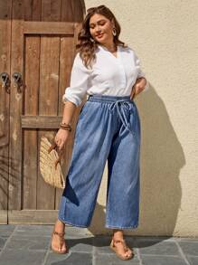 SHEIN CURVE+ Pantalon en jean droit et ample bleu décontracté pour femmes grandes tailles, jeans à jambes larges pour vacances