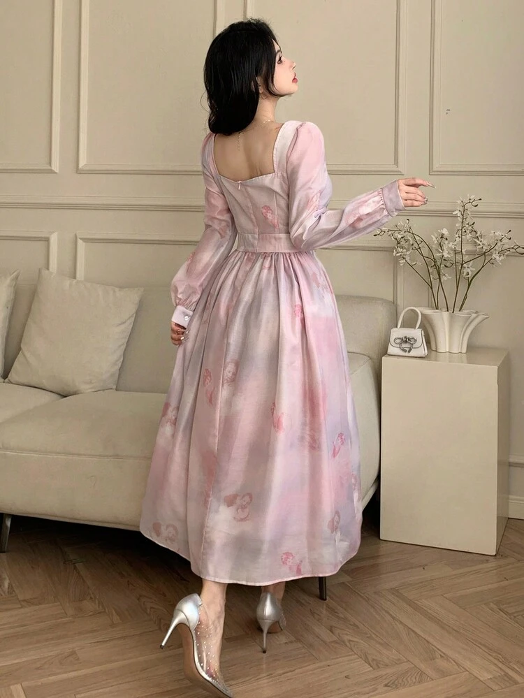 Women's Elegant Angel Printed Bowknot Wrap Waist Lantern Sleeve Dress, For Spring,Fall Dress Long Sleeve Dress Floral Maxi Dress