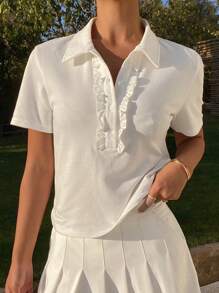 DAZY Camiseta de mujer de manga corta, cuello polo, de color liso, con volante, abotonada delante y ajuste ceñido - Blanco - Ver 4