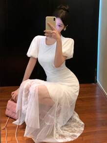 DAZY Women Tight Lace Crew Neck Waist Cinching Midi Dress - White - View 1