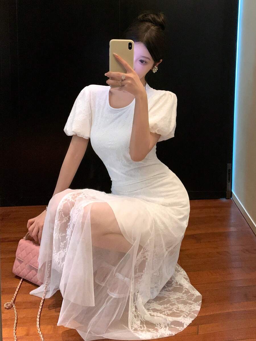DAZY Women Tight Lace Crew Neck Waist Cinching Midi Dress - White - View 1