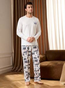 Men's Pajama Set: Long Sleeve Top And Pants - White - View 3