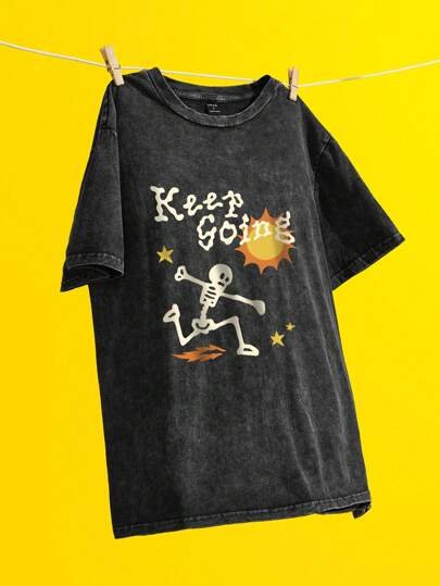 Rey Studio Artist Loose Fit Women Crew Neck T-Shirt With Sun, Skull, Black Vintage Washed Design, Suitable For Spring And Summer