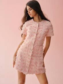 Enchnt Váy ngắn dễ thương cổ tròn tay ngắn đính ngọc trai giả tinh tế màu hồng lãng mạn dành cho nữ mùa xuân/hè, túi đôi, chất liệu vải tuýt lạ mắt, ngọt ngào và thanh lịch cho ngày lễ tình nhân, tiệc sinh nhật, ngày lễ, đêm hẹn hò ngọt ngào và đi làm hàng ngày - Hồng - Xem 4