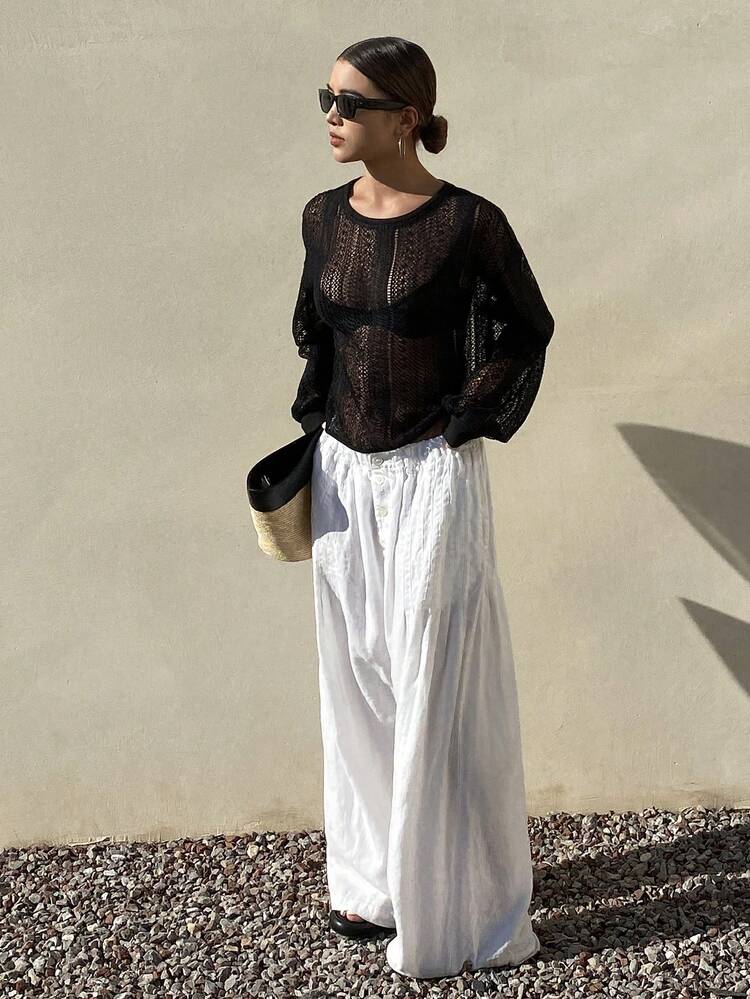 Women's Round Neck Loose Hollow Out Semi-Sheer Knit T-Shirt