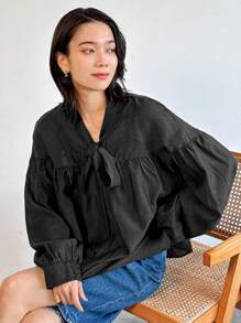 FRIFUL Women's Casual Bowknot Loose Blouse Long Sleeve Top