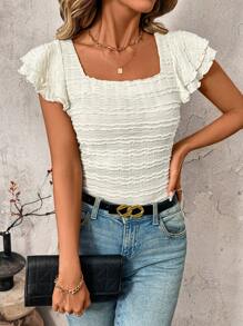 SHEIN Clasi Women Square Collar Casual Short Cap Sleeve T-Shirt, Spring/Summer Spring Women Outfits