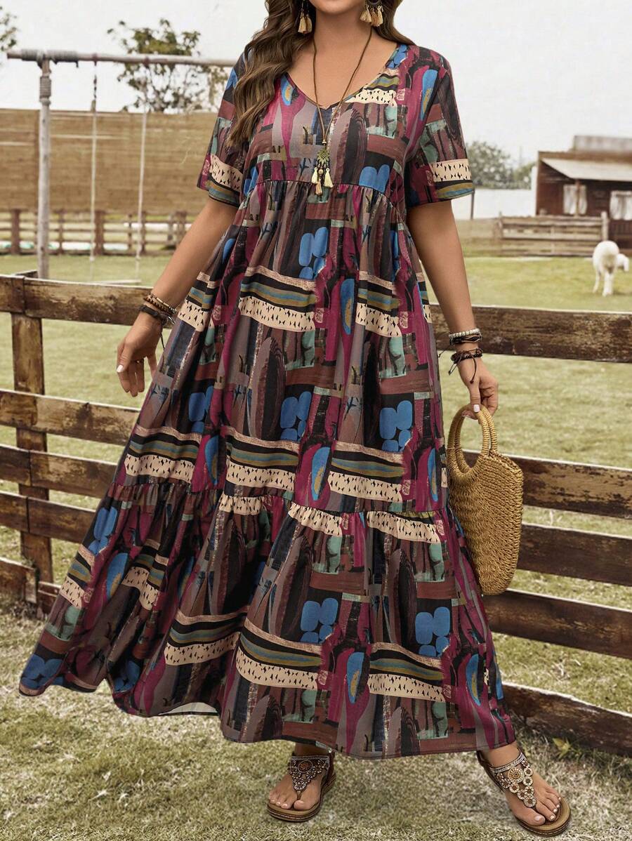 EMERY ROSE Váy Maxi Xòe Tay Ngắn Cổ Chữ V Họa Tiết Hình Học Mùa Hè Cỡ Lớn Cho Nữ, Kiểu Dáng Phương Tây Cho Nữ - Nhiều màu - Xem 1