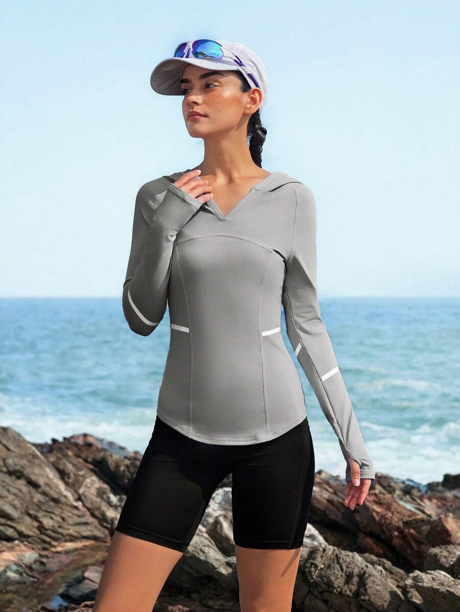 SHEIN Outdoor Urban Contrast Reflective Striped Hooded Slim Fit Sports & Outdoor Sweatshirt - Dusty Purple - View 1