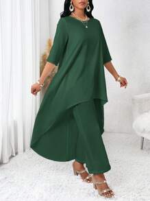 SHEIN Lady Spring And Summer Autumn And Winter Elegant Woven Round Neck Flowy Asymmetrical Midi Three Quarter Length Sleeve Plus Size Top & Pants