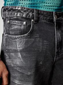 ROMWE MEN Street Life Jeans casuales rectos con bolsillo, botón y cremallera de unicolor para hombre - Celeste - Ver 6