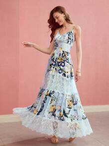 MOTF PREMIUM Robe imprimée de fleurs avec contraste en dentelle - Multicolore - Voir 6
