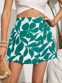 SHEIN VCAY Quần short buộc dây họa tiết cây thông thường ngày lễ cho nữ - Màu xanh Bạc hà - Xem 3