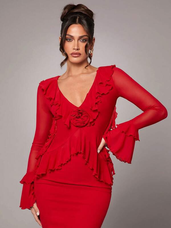 Silquee Women's Red Sexy Deep V Neck Ruffled Thin Long Sleeve Women's Top, Elegant And Simple, Cocktail Party, Romantic Date, Party, Wedding Bridesmaid Dress, Night Out Dress, Valentine's Day, Women's Summer Clothing, Vacation Clothing For Women, Women's Summer Clothin