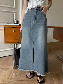 DAZY 西部风格牛仔女裙，毛边裙摆，开衩设计 - 中等水洗藍 - 查看 6