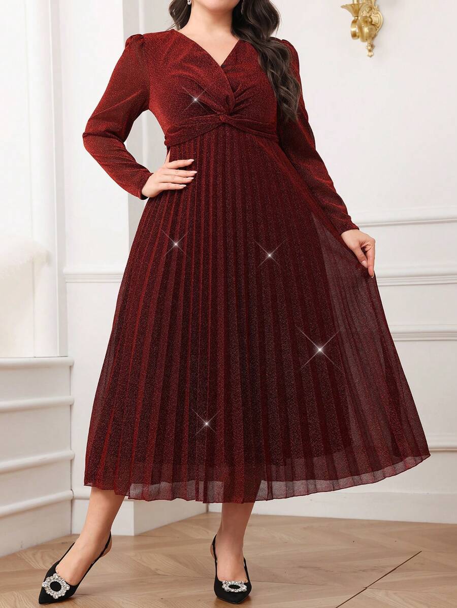 Modelyn 大码纯色扭纹长袖宽松休闲连衣裙