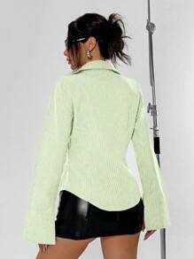 Flirla Striped Bell Sleeve Waist Cinching Casual Office Shirt