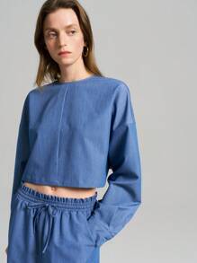 Ontre 2 件套女式 2025 新款仿牛仔围脖领落肩长袖上衣和裤子套装，短袖上衣配松紧腰修身裤，宽松舒适，休闲日常穿着，春夏，老钱风 - 藍色 - 查看 2