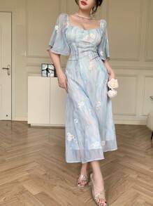 DAZY 春季新款情人节花卉束腰太阳裙缪斯连衣裙女士节日连衣裙、挤奶女工裙 - 藍色 - 查看 8