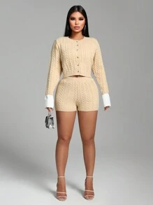 Zolique Lässig Zopfstrick Strickjacke und Shorts 2-teiliges Set - Aprikosenfarben - Übersicht 3