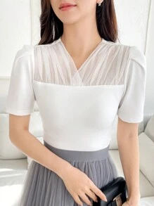 DAZY Women V-Neck Patchwork T-Shirt, Casual & Fashionable For Everyday Wear