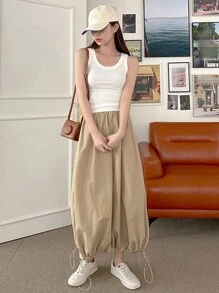 DAZY 女士纯色松紧腰收褶下摆半身裙，卡其色，四季皆宜 - 卡其色 - 查看 8