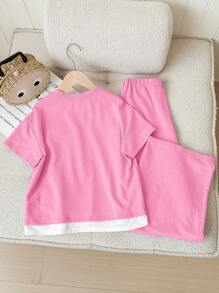 SHEIN Tween 女童休闲针织圆领短袖上衣和直腿裤套装 - 西瓜粉 - 查看 2