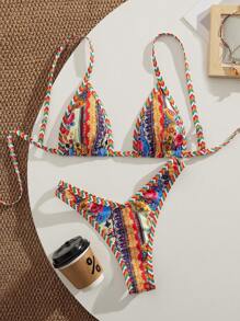 Swim Vcay Women's Elegant Boho Floral Retro Print Shiny Satin Fabric Halter Triangle Bikini Set, 2026 Glitter Sequined Trim Multi-Color Figure-Flattering High Cut Cheeky Two Pieces Swimwear With Braided Straps, Casual Bohemian Sparkle Texture Bikini For Summer Vacation Resort Wear, Holiday Outfits Pool Party Shimmery Boho Beachwear For Women - Multicolor - View 1