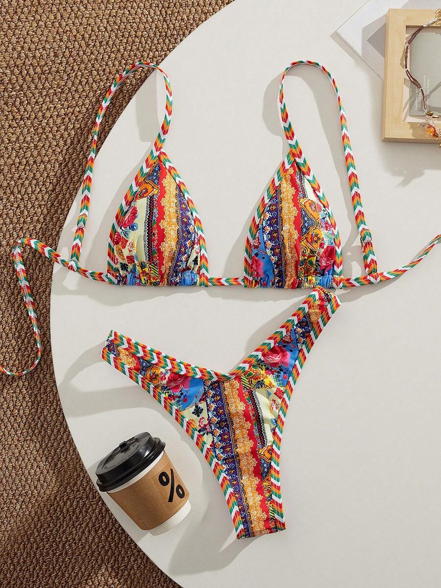 Swim Vcay Women's Elegant Boho Floral Retro Print Shiny Satin Fabric Halter Triangle Bikini Set, 2026 Glitter Sequined Trim Multi-Color Figure-Flattering High Cut Cheeky Two Pieces Swimwear With Braided Straps, Casual Bohemian Sparkle Texture Bikini For Summer Vacation Resort Wear, Holiday Outfits Pool Party Shimmery Boho Beachwear For Women - Multicolor - View 1